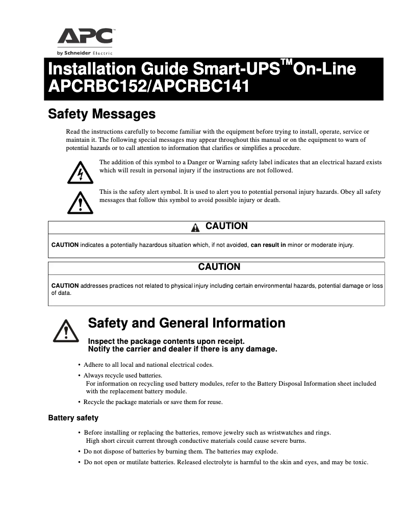 Page 1 of the manual User Manual APC APCRBC141