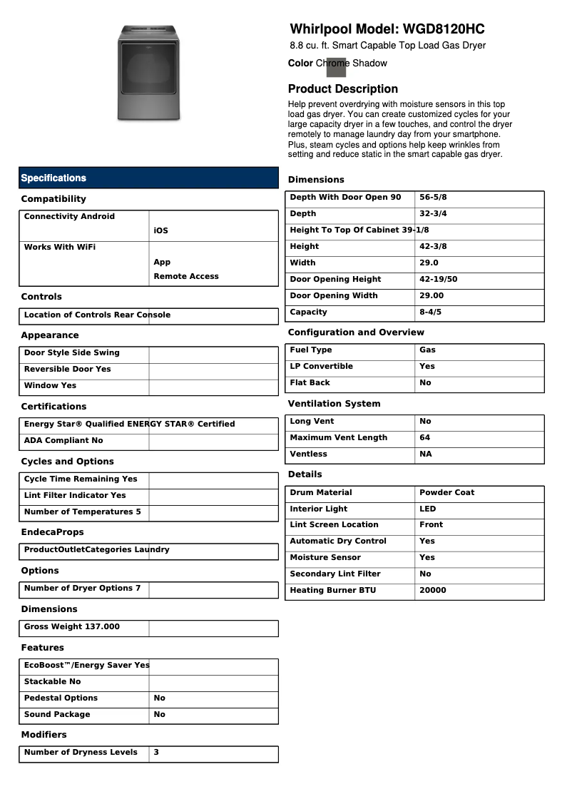 Page 1 of the manual Technical Sheet Whirlpool WGD8120HC