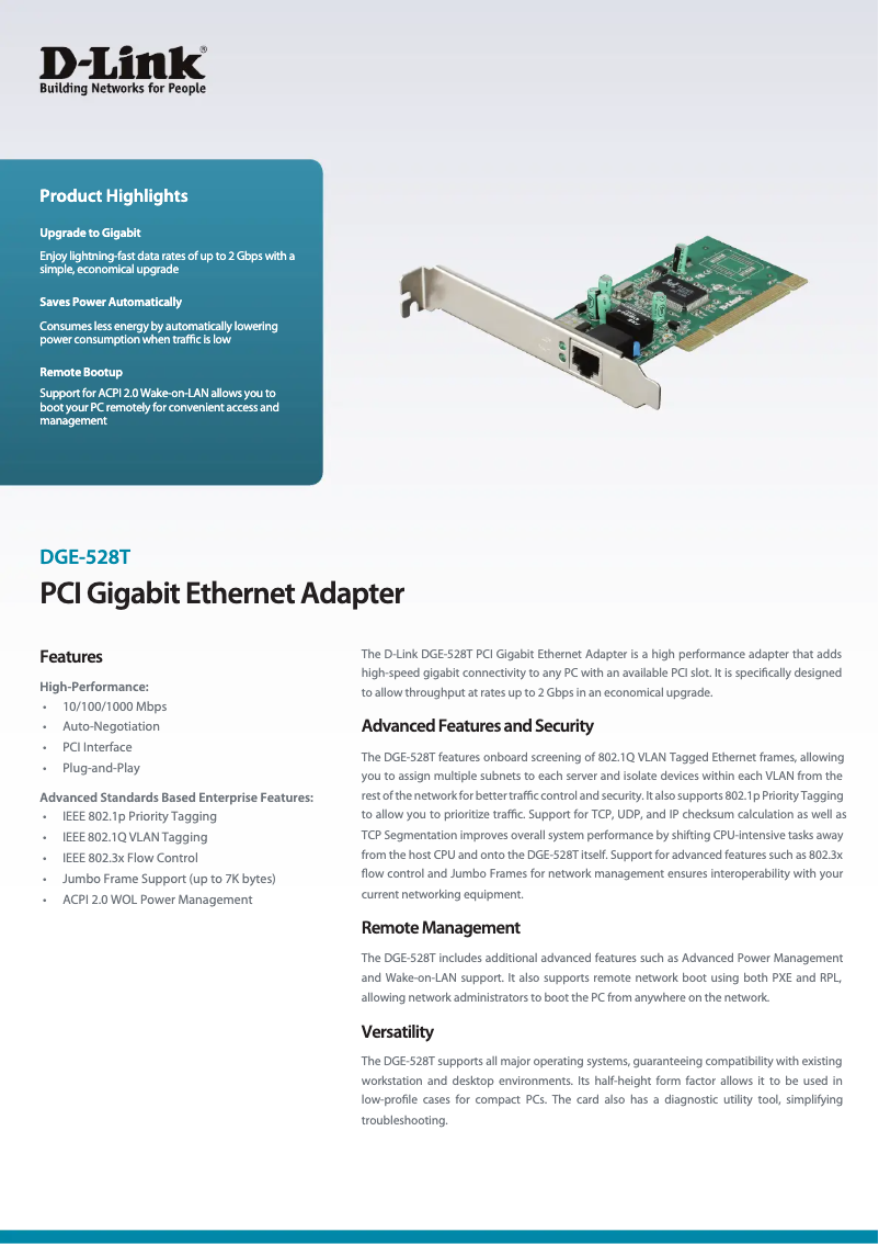 Page 1 of the manual Technical Sheet D-Link DGE-528T