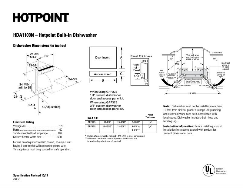 Page 1 of the manual Technical Sheet Hotpoint HDA1100NWH