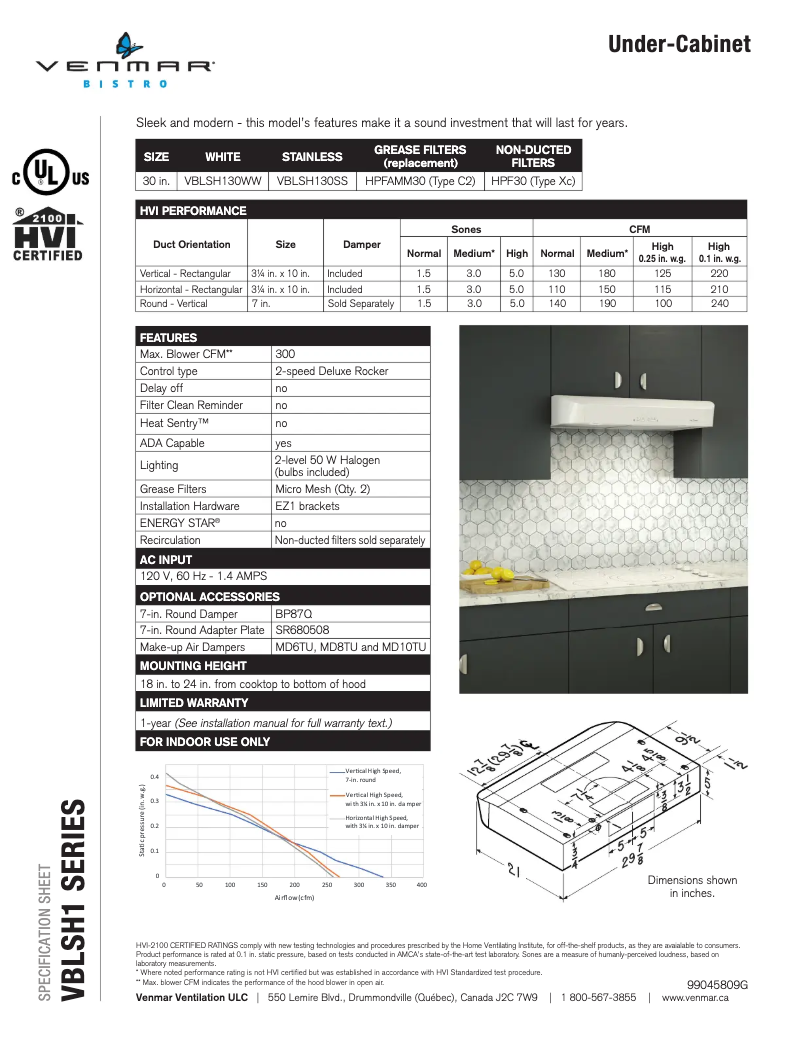 Page 1 of the manual Technical Sheet Venmar Bistro VBLSH130SS