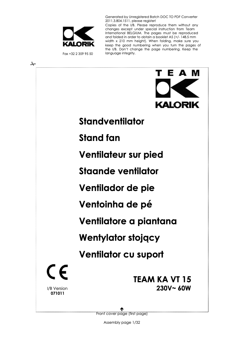 First page image of the manual for KA VT 15