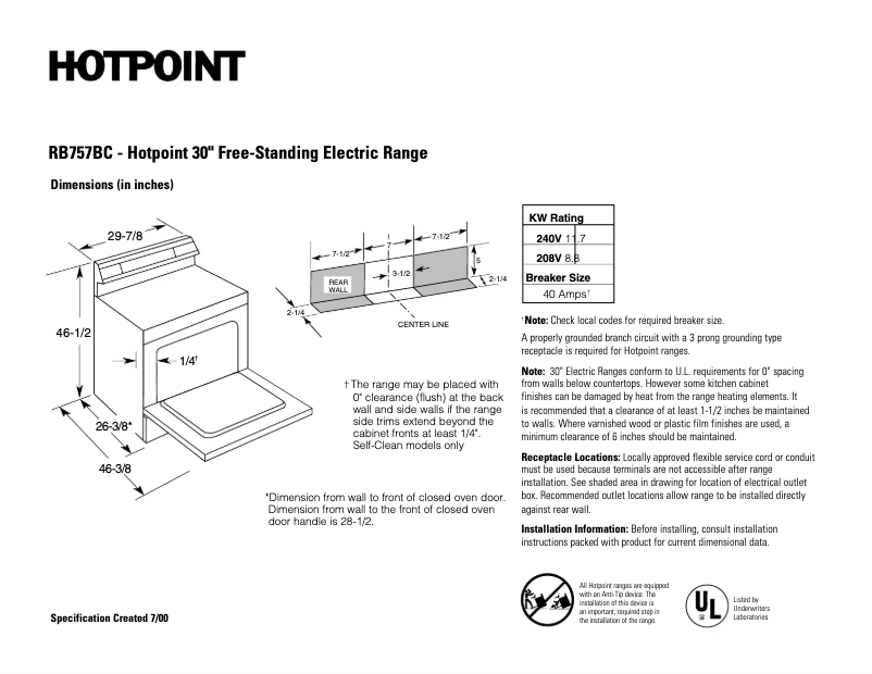 Page 1 of the manual Technical Sheet Hotpoint RB757BCWH