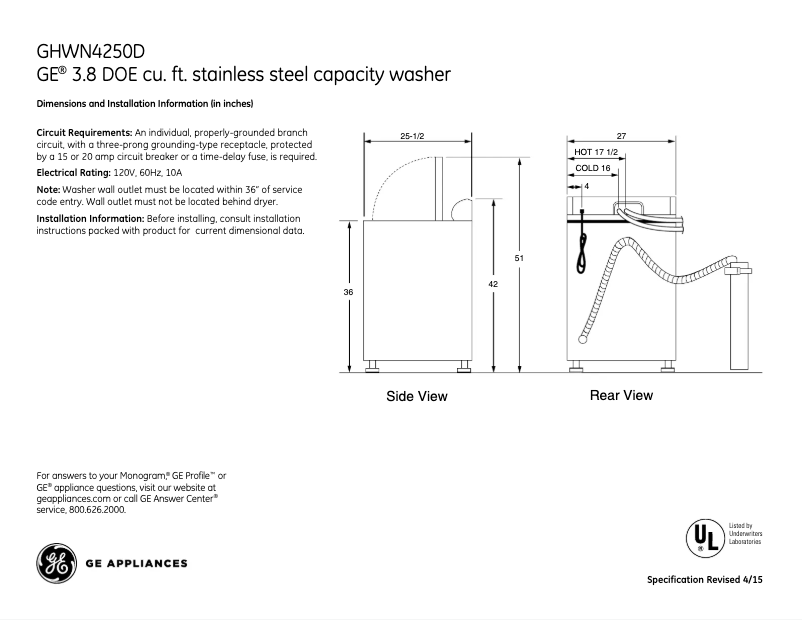 First page image of the manual for GHWN4250DWW