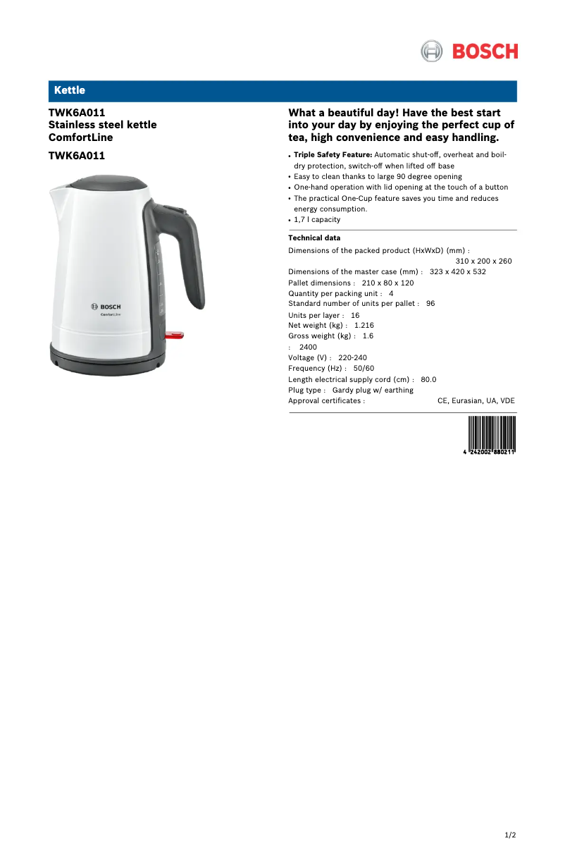 Page 1 of the manual Technical Sheet Bosch TWK6A011