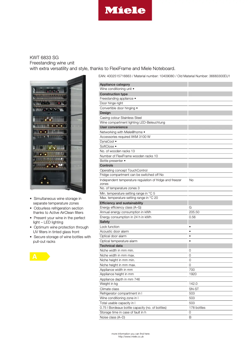 Page 1 of the manual Technical Sheet Miele KWT 6833 SG