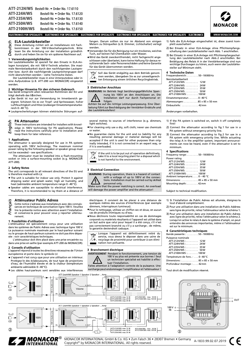 Page 1 of the manual User Manual Monacor ATT-224H/WS