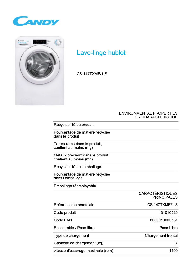 Page 1 of the manual Technical Sheet Candy CS 147TXME/1-S