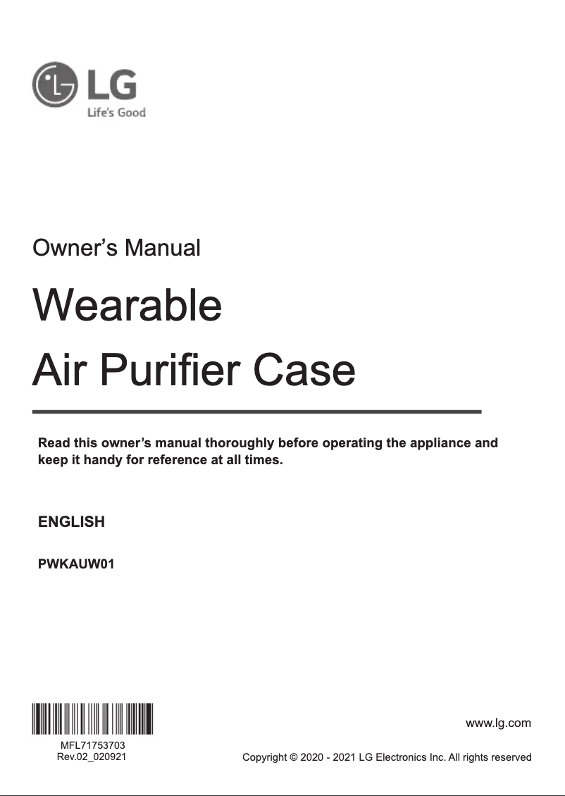 Page 1 of the manual User Manual LG PuriCare PWKAUW01